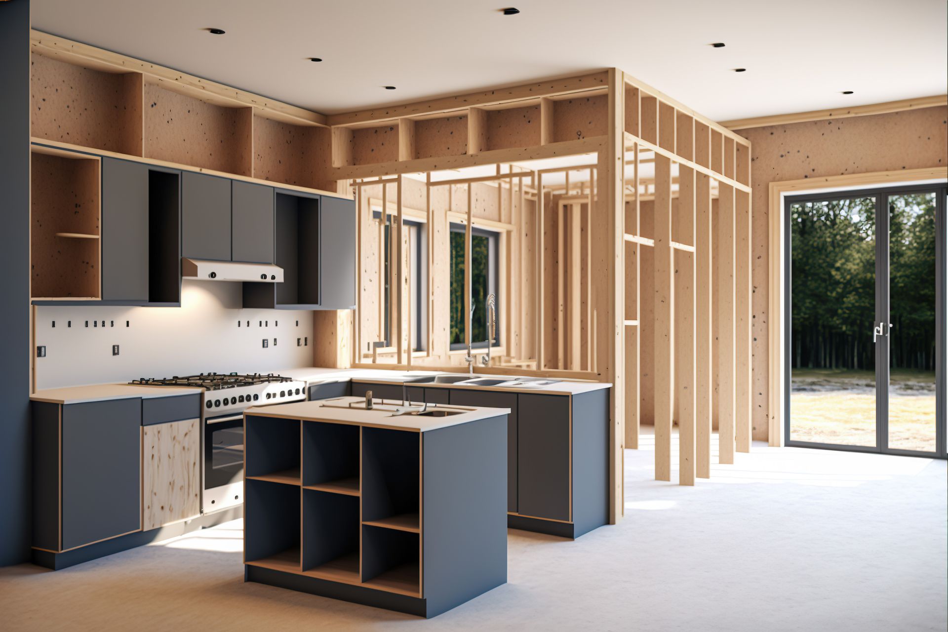 Modern kitchen under construction with unfinished wood framing, dark cabinets, and large windows.