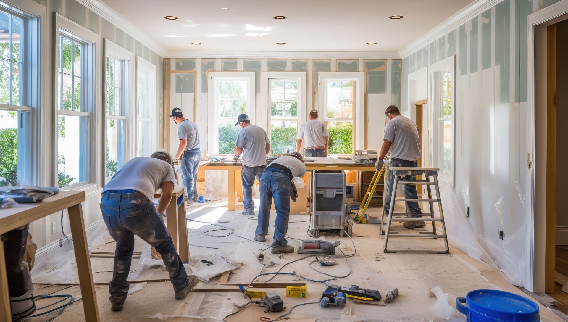 Workers renovating a bright room with tools, ladders, and materials scattered across the floor.