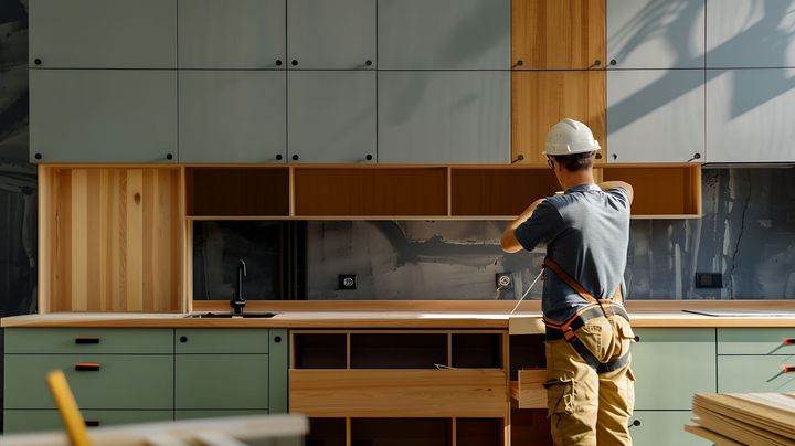 Worker in hard hat installing cabinets in a modern kitchen under renovation