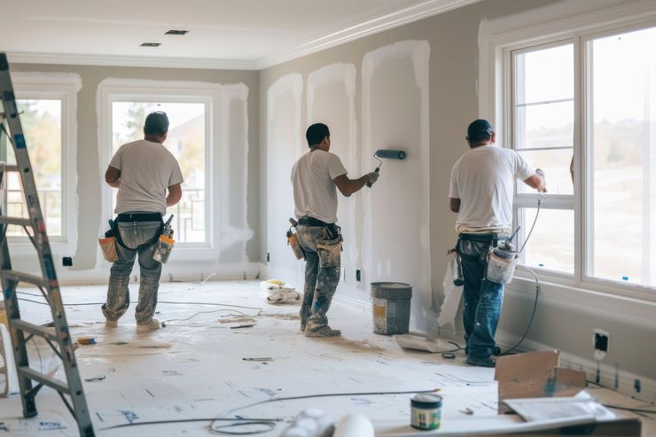 Three construction workers installing drywall in a bright, partially finished room