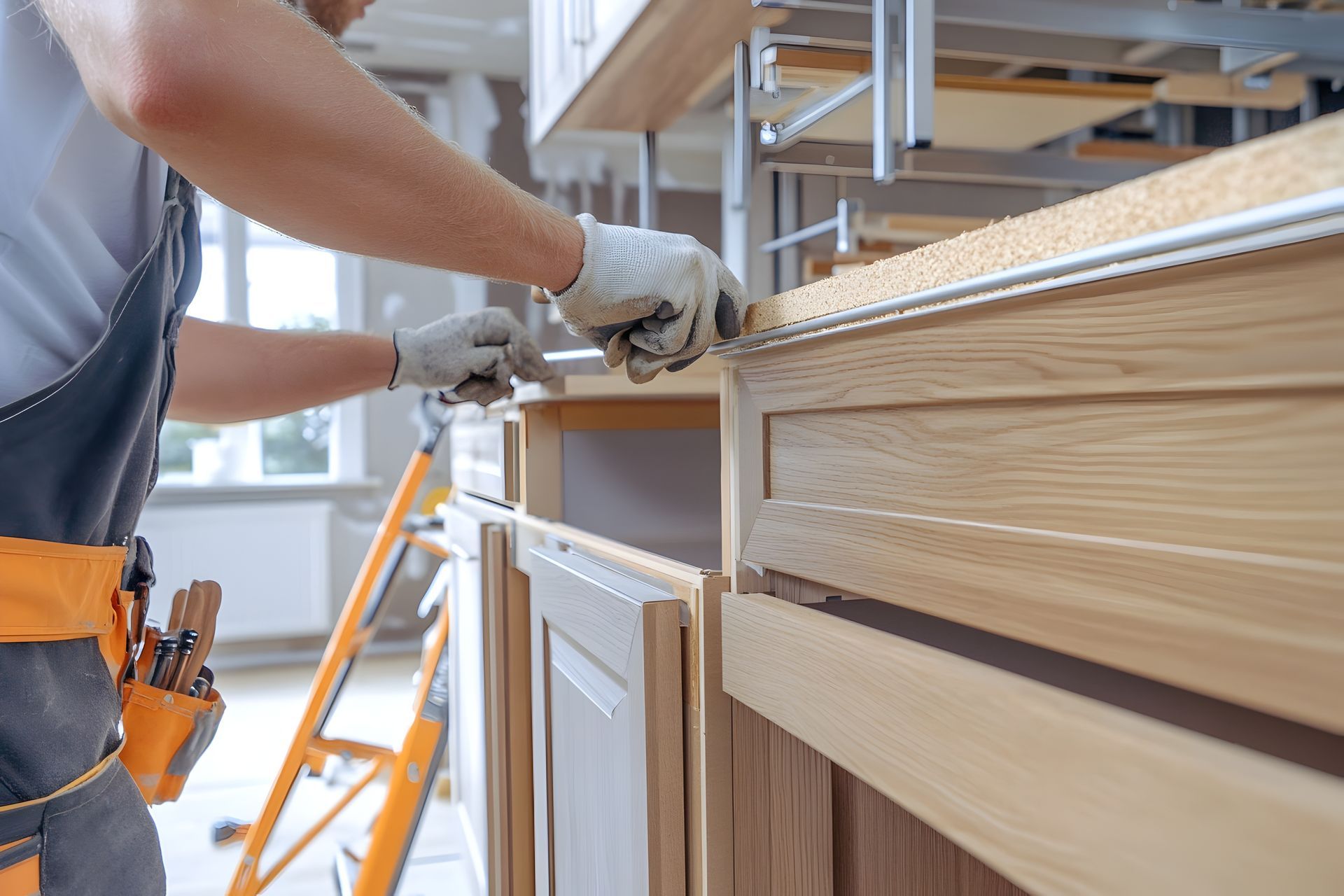 Worker installing a wooden cabinet in a kitchen, using a drill near a countertop.