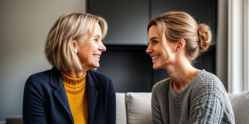 Two women smile at each other, one in a blazer, the other in a sweater, indoors.