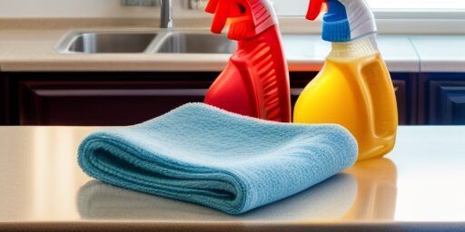 Cleaning supplies on a countertop. A folded blue cloth rests in front of two spray bottles near a kitchen sink.