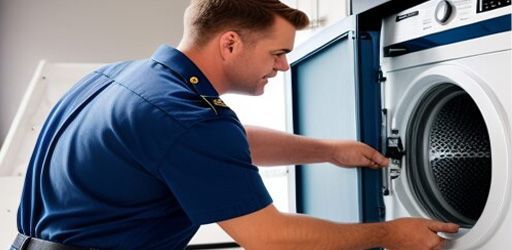 Man in blue shirt opening a washing machine door in a bright setting.