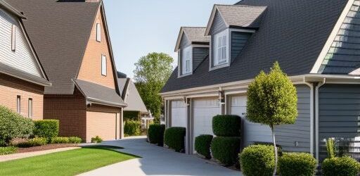 Row of townhouses with green lawns and driveways on a sunny day.