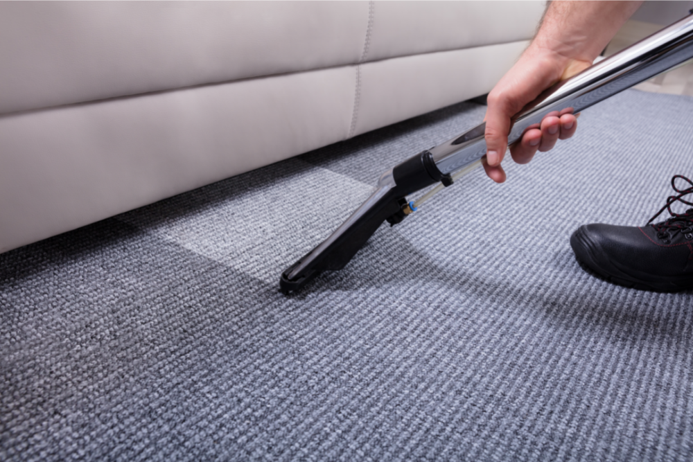 Person vacuums a blue carpet near a beige couch.