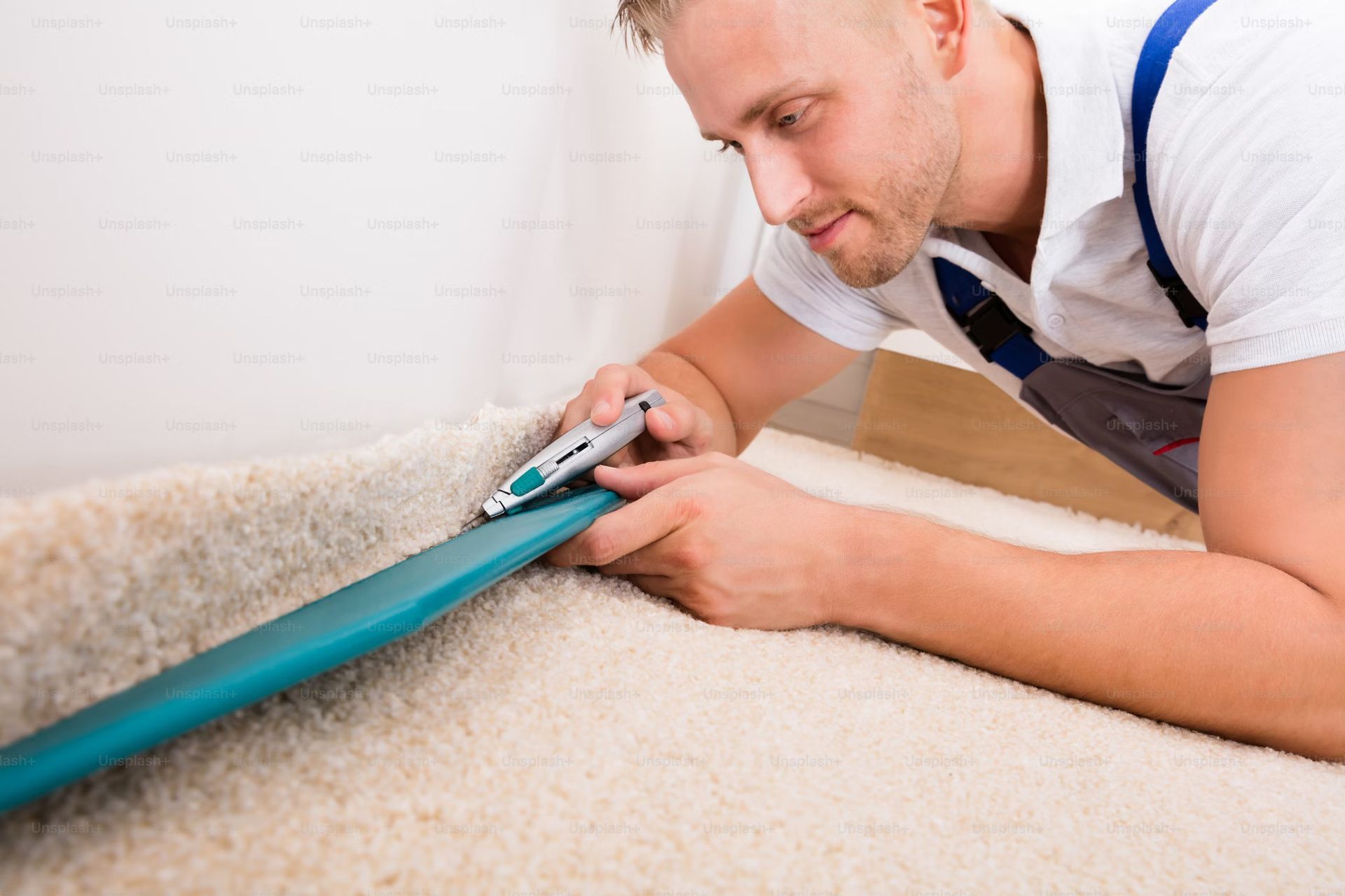 Person using a utility knife to trim carpet edge with a guide, indoors.