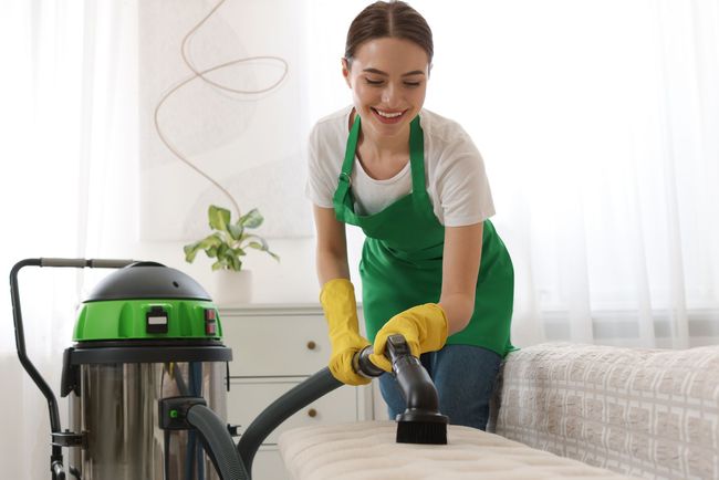 Woman in apron vacuums a rug in a bright living room with a coastal view, smiling.