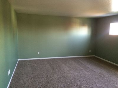 Empty unfurnished room with green walls, carpeted floor, and a window on the right.