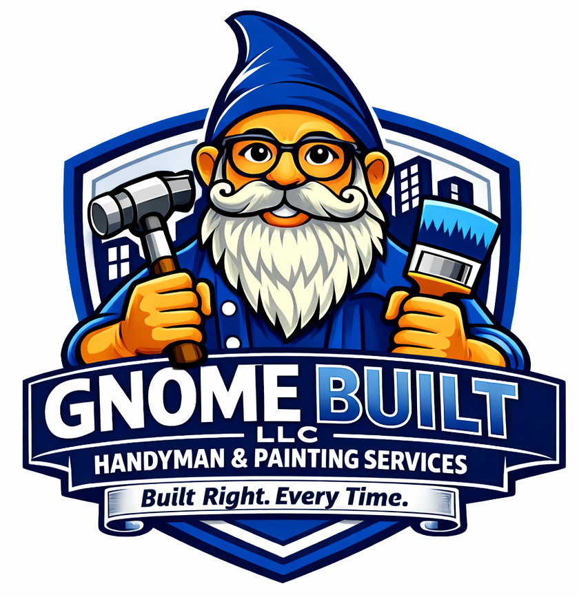Logo for Gnome Built LLC: cartoon gnome holding a hammer and paintbrush, with blue-and-white text.