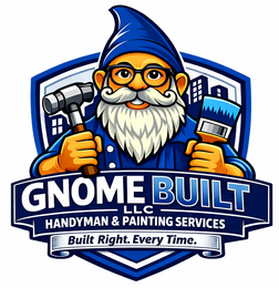 Logo for Gnome Built LLC: cartoon gnome holding a hammer and paintbrush, with blue-and-white text.