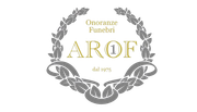 Logo per l'impresa di pompe funebri AROF, con corona d'alloro e la scritta 