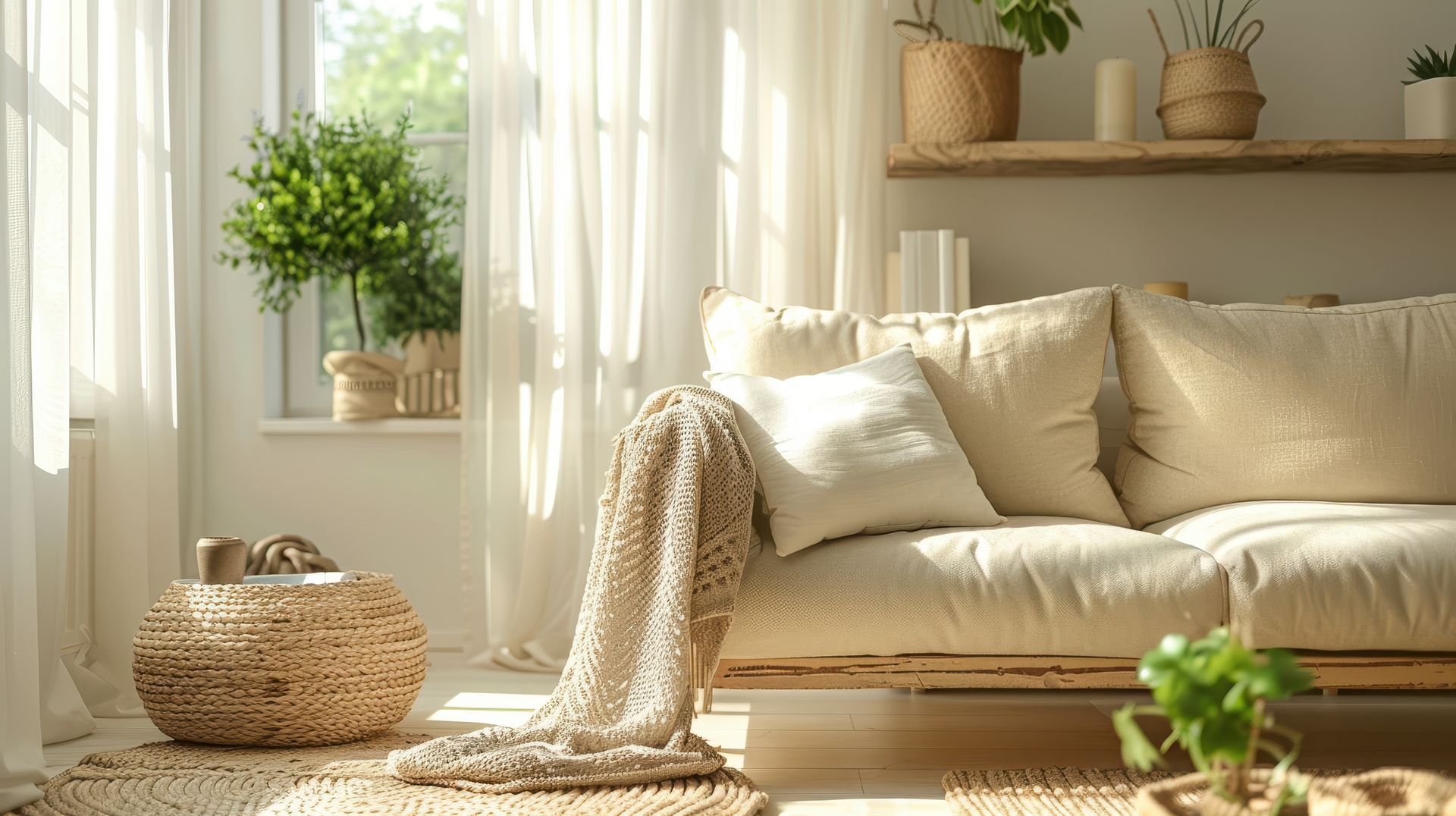 A living room with a couch , table , potted plants and a window.