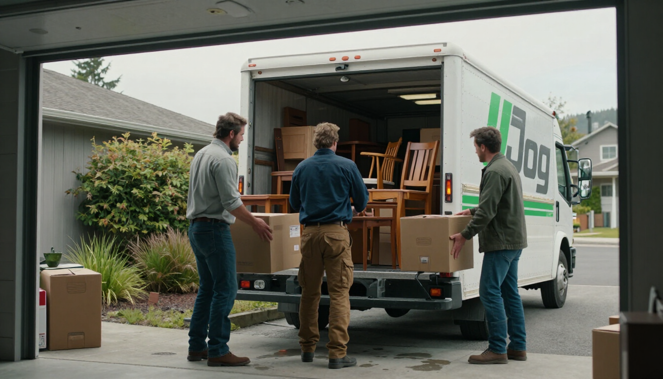 JDog crew loading household items from a garage into a branded truck