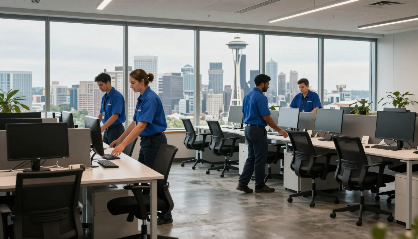 Uniformed crew clearing a commercial office with Seattle skyline visible