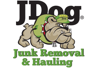 JDog Junk Removal & Hauling logo with a muscular bulldog in a green cap and collar