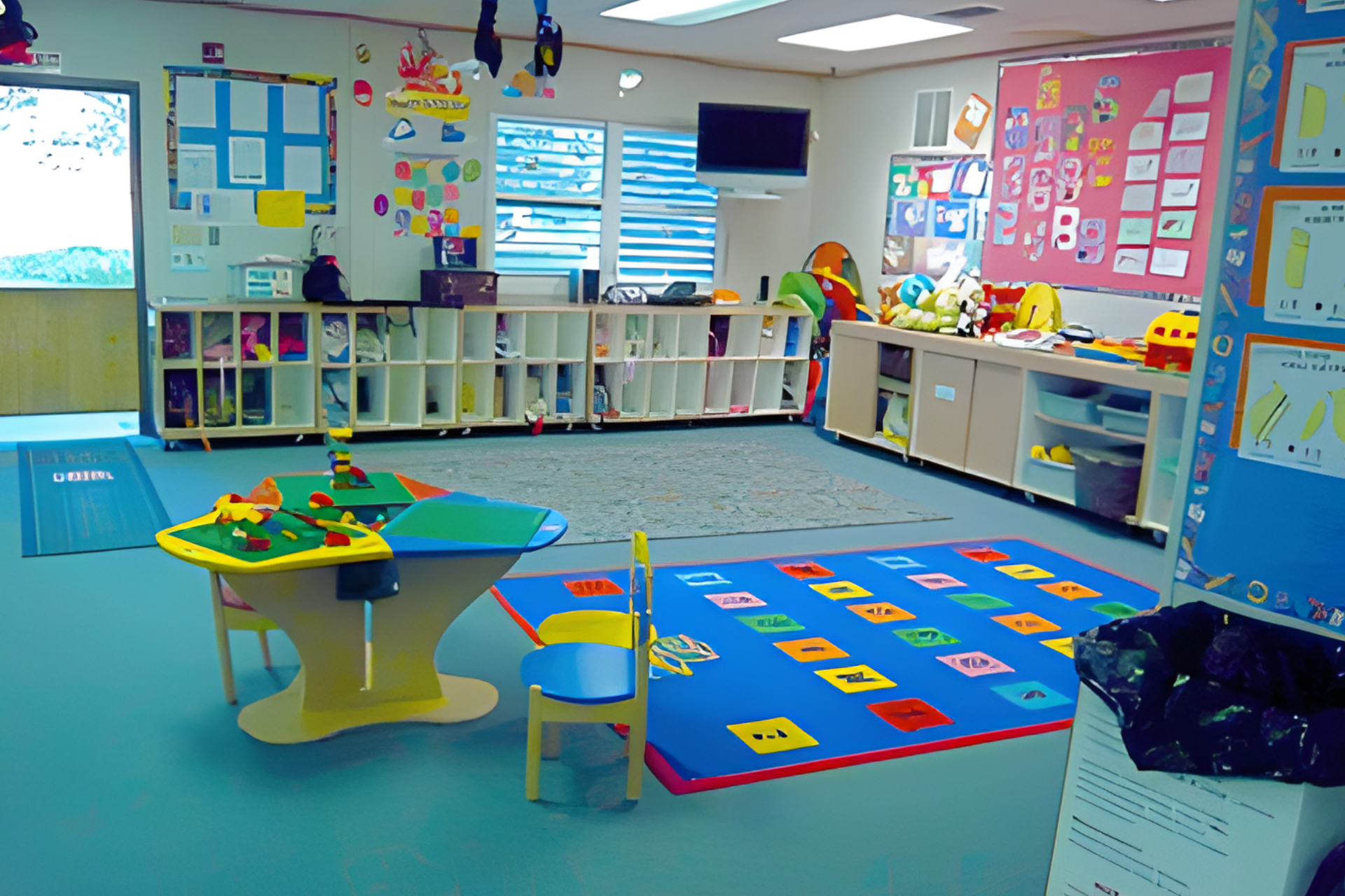 A brightly lit preschool classroom with colorful toys, tables, and storage, featuring a blue floor and a large alphabet rug.