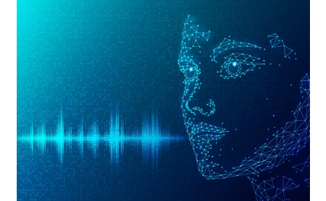 Digital face composed of connected lines, blue waveform, on a blue background.