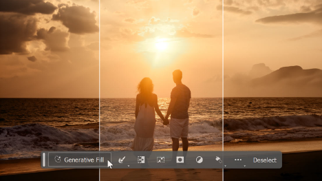 Couple holding hands at sunset on beach, generative fill tool active.