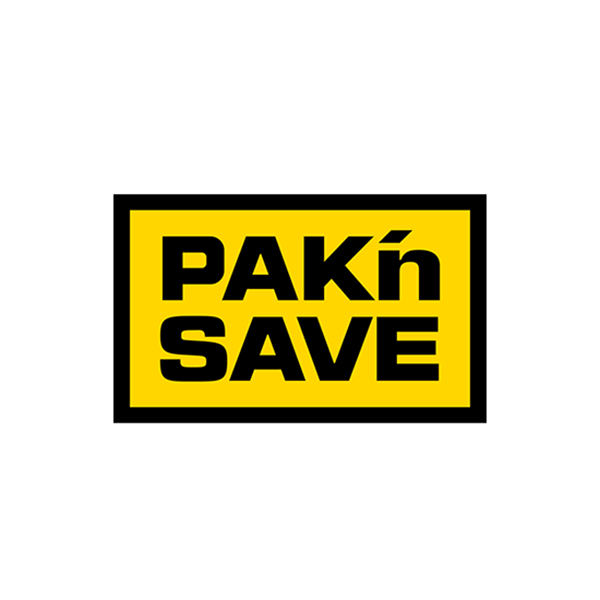 PAK'nSAVE logo: Black text on a yellow rectangle, black border.