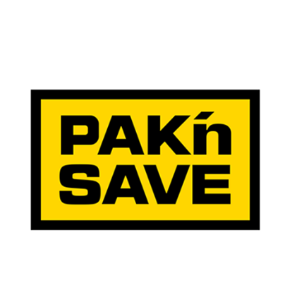PAK'nSAVE logo: Black text on a yellow rectangle, black border.