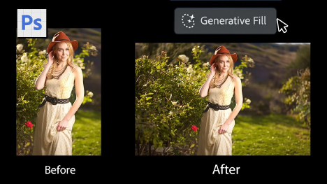 Woman in a dress and hat poses in front of bushes. Photoshop's Generative Fill expands the background.