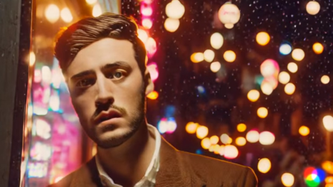 Man in a brown jacket gazes out, with a bokeh of city lights in the background.