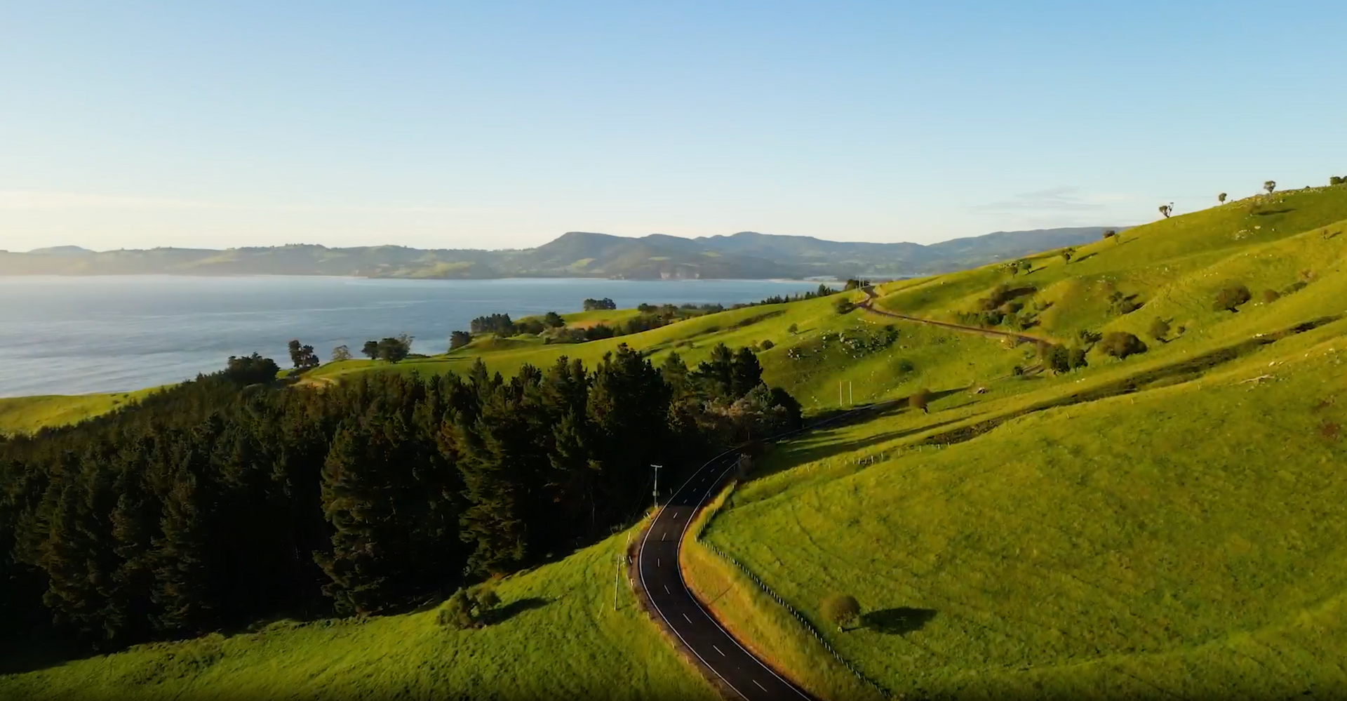 A winding road through green hills with a view of the sea under a blue sky.