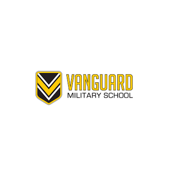 Logo for Vanguard Military School: Shield with gold, black, and yellow chevrons, text 