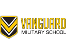 Logo for Vanguard Military School: Shield with gold, black, and yellow chevrons, text 