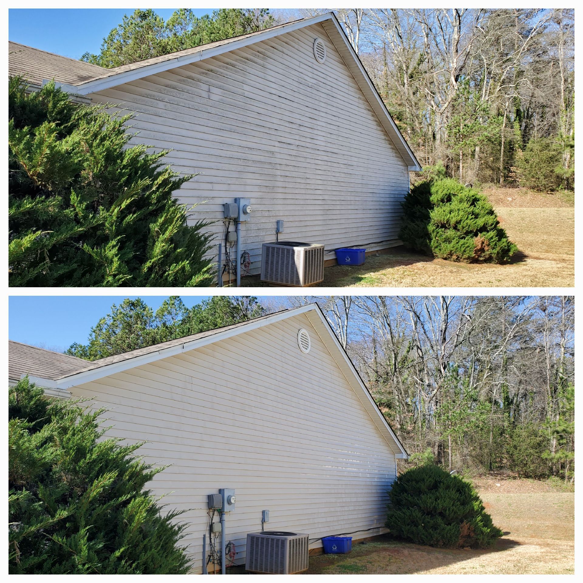 Two side-by-side photos of a house exterior with white brick, AC units, shrubs, and a wooded yard