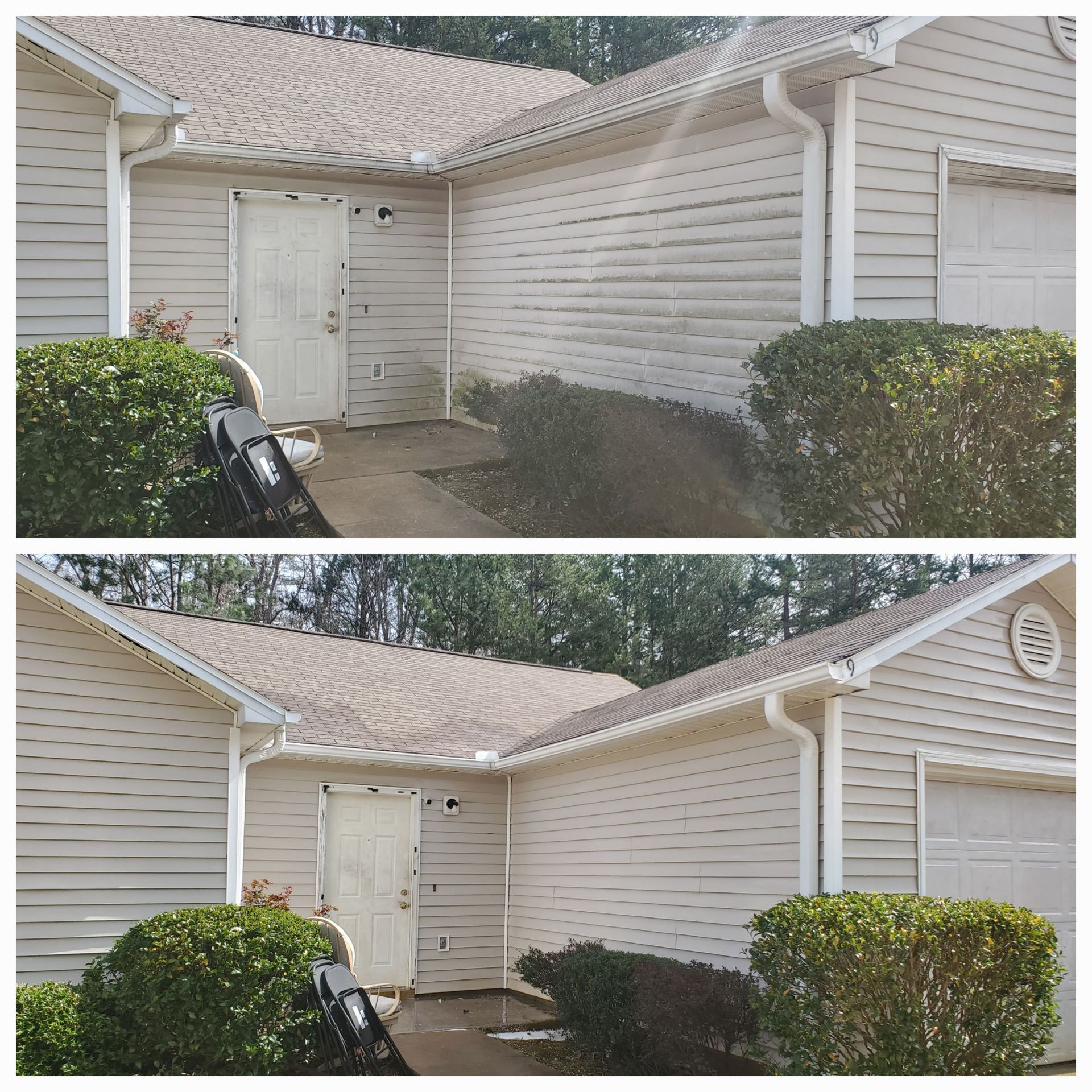 Before-and-after view of a beige house exterior with white trim, showing stain or mold cleaned from the siding.
