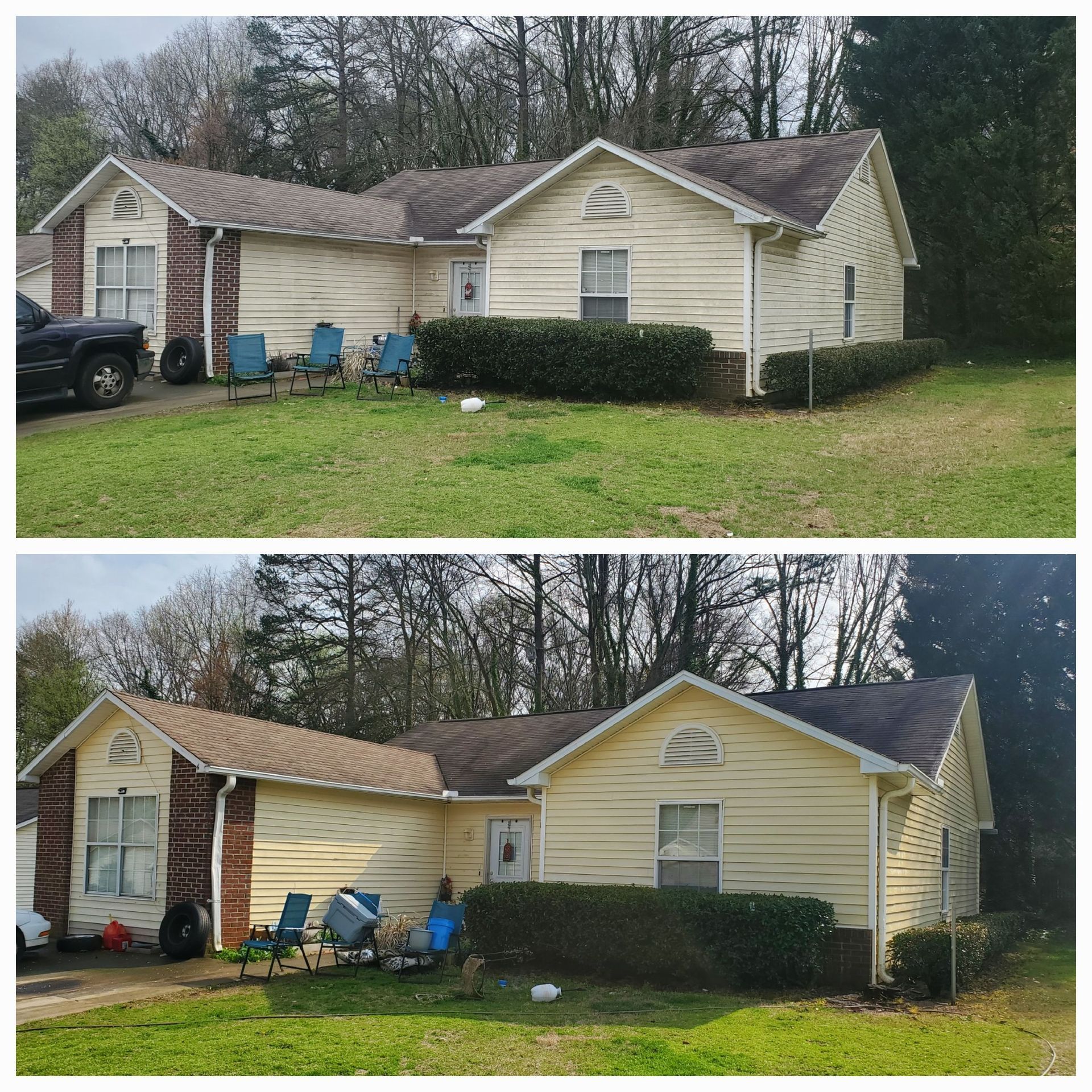 Side-by-side photos of a yellow house with a hedge, lawn, and parked chairs under cloudy skies