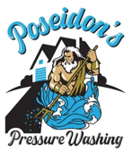 Poseidon’s Pressure Washing logo with a bearded man holding a pressure washer amid blue water splashes