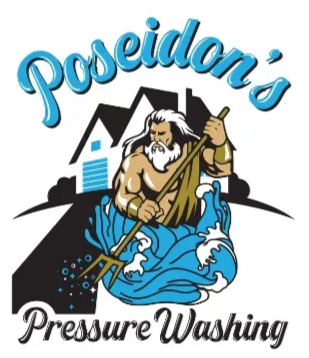 Poseidon&rsquo;s Pressure Washing logo with a bearded water god holding a pressure washer amid blue waves
