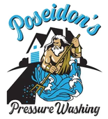 Poseidon’s Pressure Washing logo with a man on a pressure washer spraying blue water