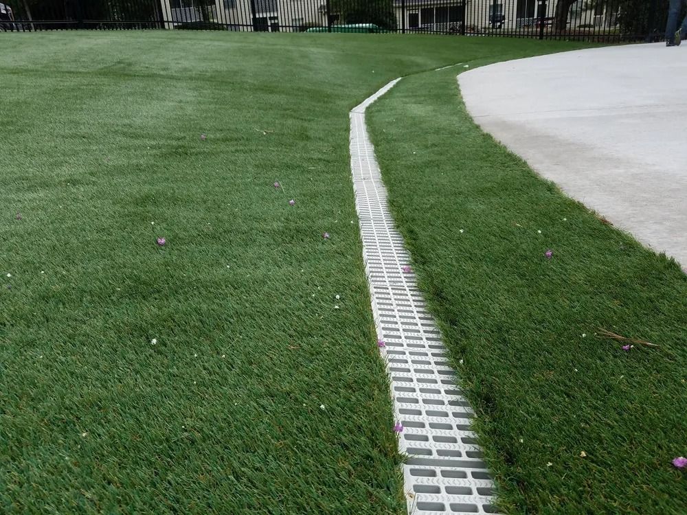 Curved drainage channel with white grates dividing a green lawn and a concrete path