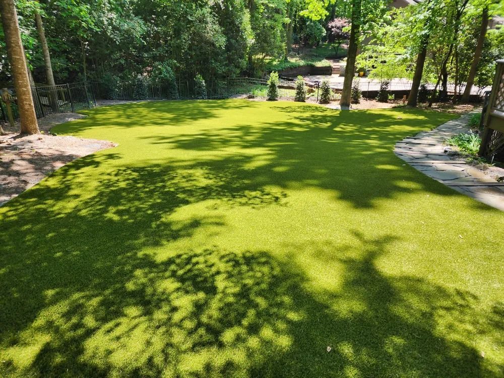 Sunny green lawn in a wooded park with trees and dappled shadows