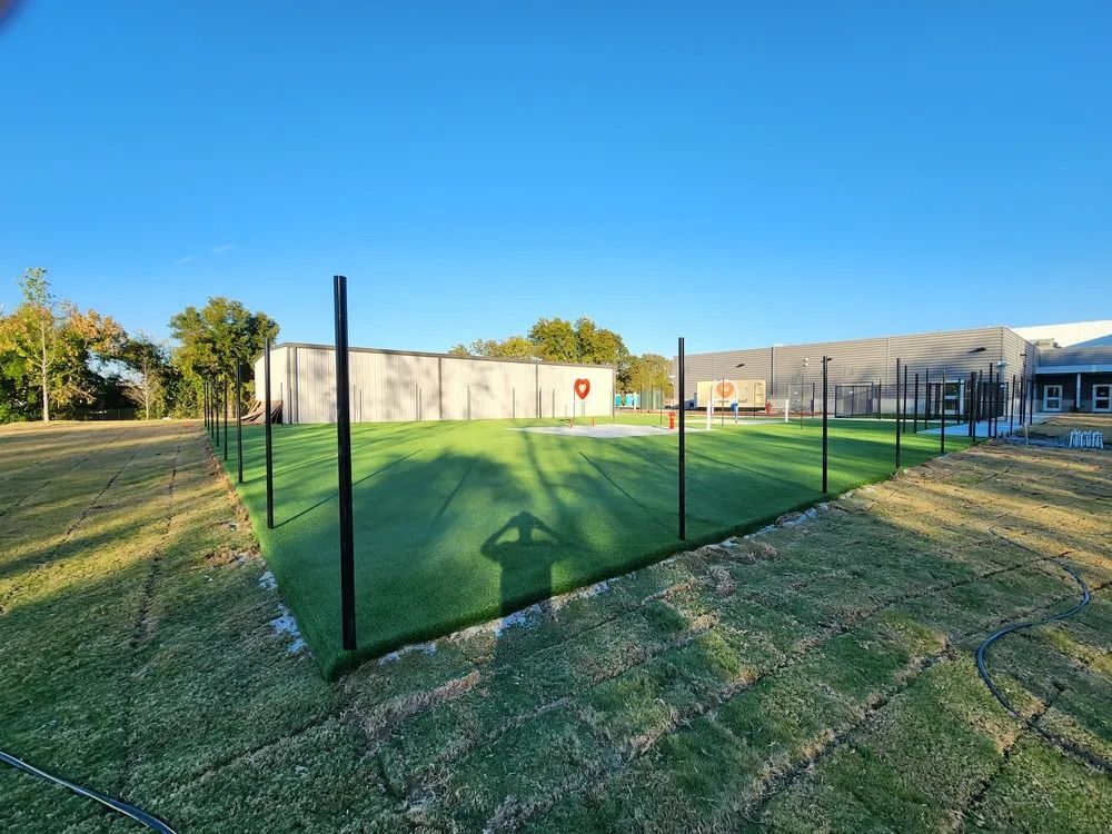 Black netted sports court on a grassy field beside a building under a clear blue sky