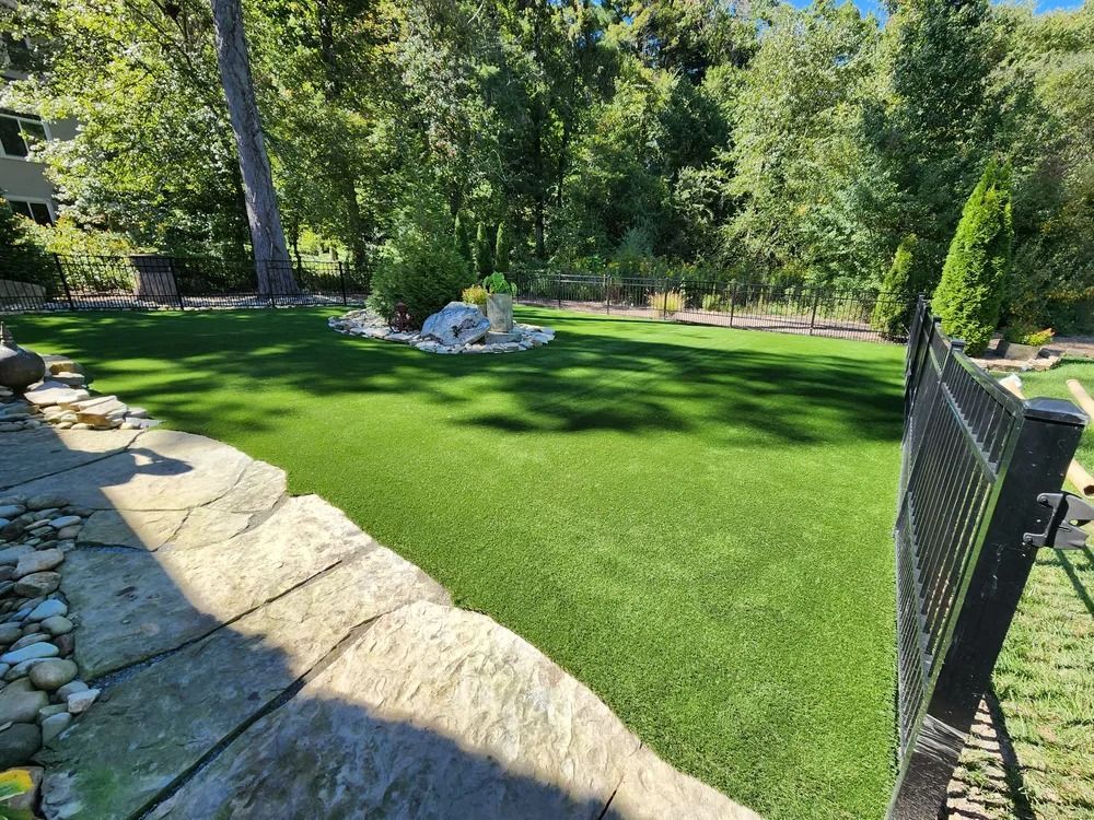 Sunny backyard with green lawn, stone edging, trees, and a black fence gate