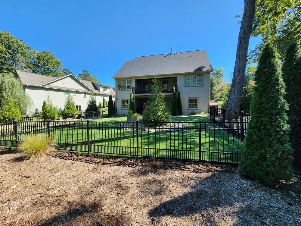 Backyard with black metal fence, green lawn, and two-story house under a clear blue sky