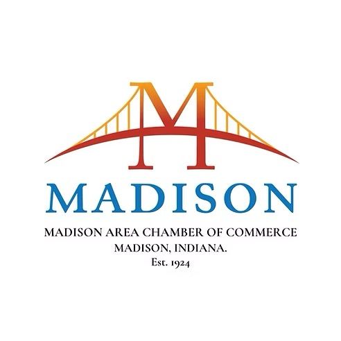 Madison Area Chamber of Commerce logo with red bridge and blue “MADISON” text; Madison, Indiana, est. 1924