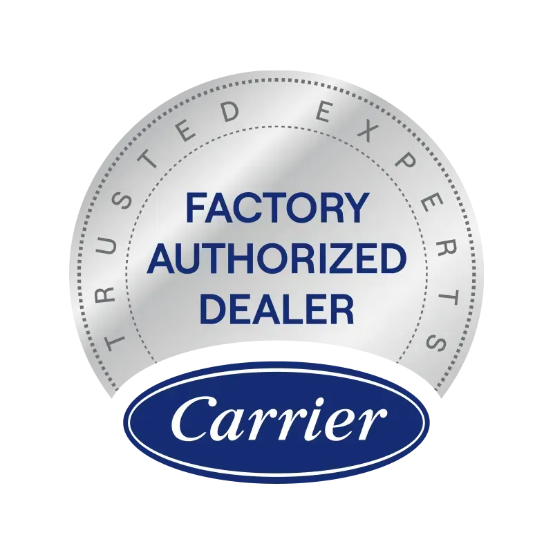 Carrier “Factory Authorized Dealer” badge with blue logo and silver “Trusted Experts” seal