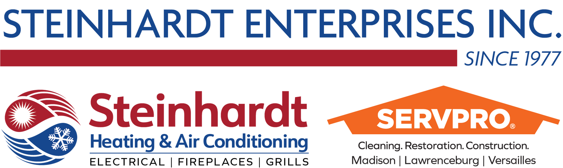 Steinhardt Enterprises Inc. and ServPro logos with heating, air conditioning, disaster restoration branding