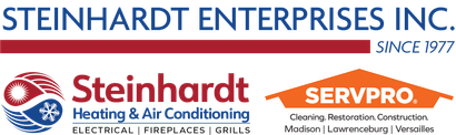 Steinhardt Enterprises Inc. and ServPro logos with heating, air conditioning, disaster restoration branding