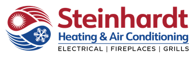 Steinhardt Heating & Air Conditioning logo with red and blue globe icon and service list: electrical, fireplaces, grills