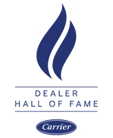 Carrier Dealer Hall of Fame logo with blue flame icon and oval Carrier wordmark