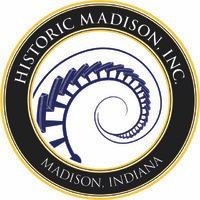 Historic Madison Inc. circular logo with a black, gold, and blue spiral design, Madison, Indiana text