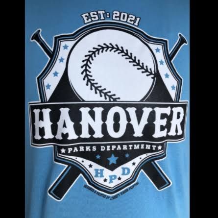 Hanover Parks Department softball logo on a blue shirt, with a glove, bat, and Est. 2024