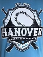 Hanover Parks Department baseball logo on a blue shirt, with crossed bats and a baseball.